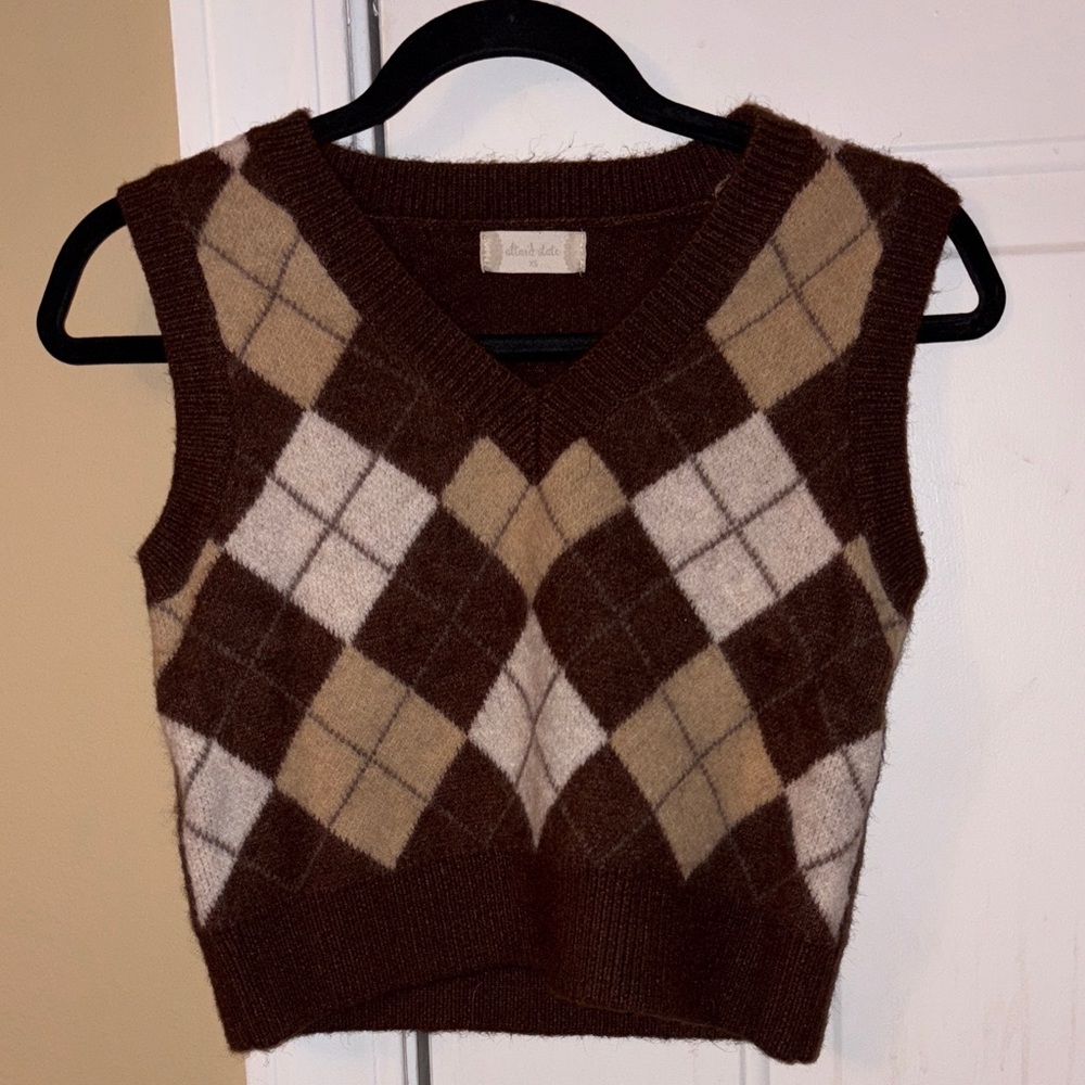 Altar'd State V-Neck Argyle Sweater Vest in Brown and Cream
